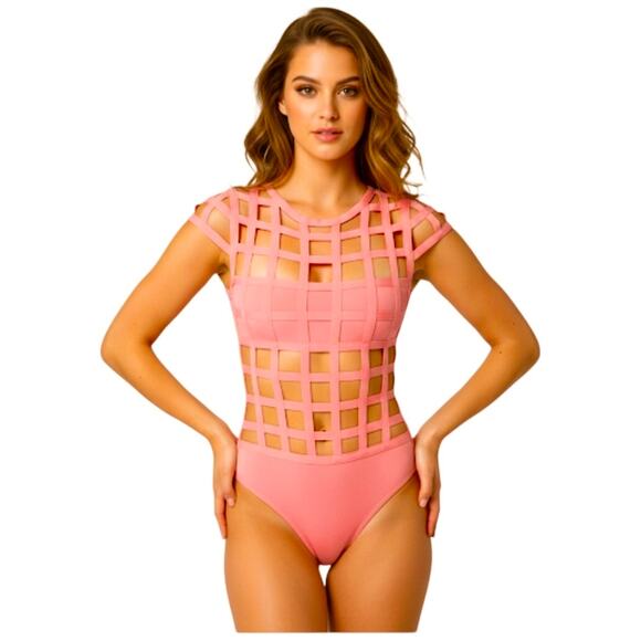 NWT WOW Couture Sexy Strappy Cheeky Peachy Pink Bandage One Piece Swimsuit Small - Picture 1 of 11